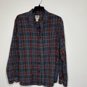 L.L. Bean Men’s Plaid Flannel Shirt L Navy Red Cotton Button Down Long Sleeve